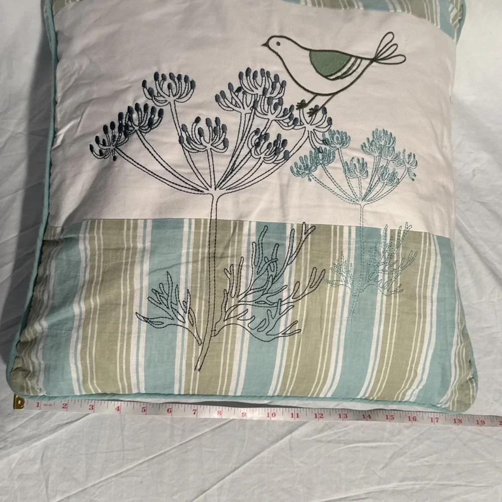 Embroidered  Bird On a Plant Throw Pillow Blue & Green With Tie Closure